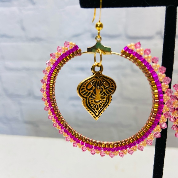 HANDMADE Hoop Beaded Boho Dangle Pink Earrings - Picture 2 of 7